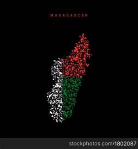 Madagascar flag map, chaotic particles pattern in the colors of the Madagascar flag. Vector illustration isolated on black background.. Madagascar flag map, chaotic particles pattern in the Madagascar flag colors. Vector illustration