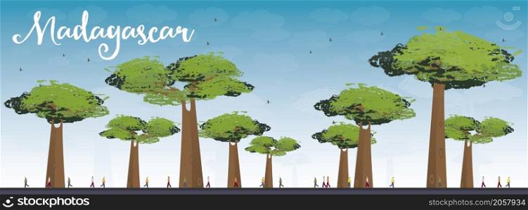 Madagascar skyline silhouette with baobabs with green foliage. Vector illustration. Nature african landscape. Tourism, travel concept for banner, poster, placard or web site