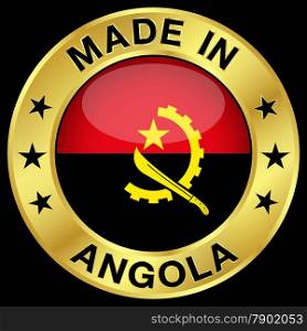 Made in Angola gold badge and icon with central glossy Angolan flag symbol and stars. Vector EPS 10 illustration isolated on black background.