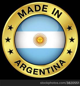 Made in Argentina gold badge and icon with central glossy Argentinian flag symbol and stars. Vector EPS 10 illustration isolated on black background.