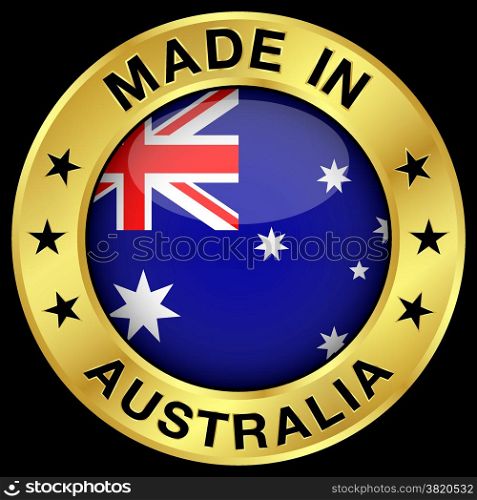 Made in Australia gold badge and icon with central glossy Australian flag symbol and stars. Vector EPS 10 illustration isolated on black background.