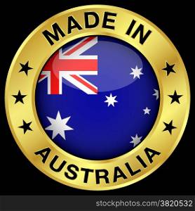 Made in Australia gold badge and icon with central glossy Australian flag symbol and stars. Vector EPS 10 illustration isolated on black background.