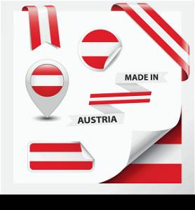 Made in Austria collection of ribbon, label, stickers, pointer, badge, icon and page curl with Austrian flag symbol on design element. Vector EPS10 illustration isolated on white background.
