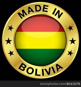Made in Bolivia gold badge and icon with glossy Bolivian flag symbol and stars. Vector EPS 10 illustration isolated on black background.