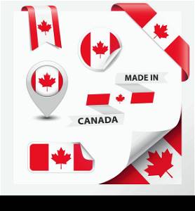 Made in Canada collection of ribbon, label, stickers, pointer, badge, icon and page curl with Canadian flag symbol on design element. Vector EPS10 illustration isolated on white background.