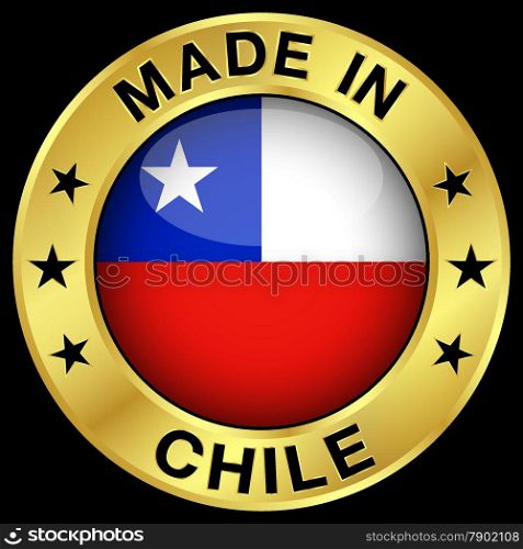 Made in Chile gold badge and icon with central glossy Chilean flag symbol and stars. Vector EPS 10 illustration isolated on black background.