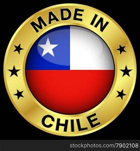 Made in Chile gold badge and icon with central glossy Chilean flag symbol and stars. Vector EPS 10 illustration isolated on black background.