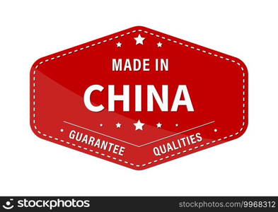 MADE IN CHINA, guarantee quality. Label, sticker or trademark. Vector illustration. Flat style.