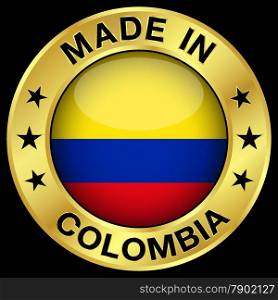 Made in Colombia gold badge and icon with central glossy Colombian flag symbol and stars. Vector EPS 10 illustration isolated on black background.