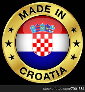 Made in Croatia gold badge and icon with central glossy Croatian flag symbol and stars. Vector EPS 10 illustration isolated on black background.