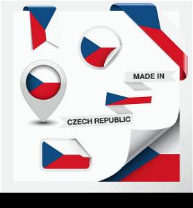 Made in Czech Republic collection of ribbon, label, stickers, pointer, icon and page curl with Czech flag symbol on design element. Vector EPS 10 illustration isolated on white background.