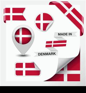 Made in Denmark collection of ribbon, label, stickers, pointer, badge, icon and page curl with Danish flag symbol on design element. Vector EPS 10 illustration isolated on white background.