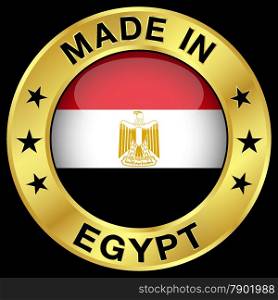 Made in Egypt gold badge and icon with central glossy Egyptian flag symbol and stars. Vector EPS 10 illustration isolated on black background.
