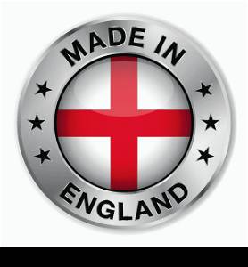Made in England silver badge and icon with central glossy English flag symbol and stars. Vector EPS10 illustration isolated on white background.