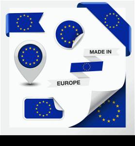 Made in Europe collection of ribbon, label, stickers, pointer, icon and page curl with EU flag symbol on design element. Vector EPS 10 illustration isolated on white background.