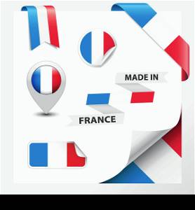 Made in France collection of ribbon, label, stickers, pointer, badge, icon and page curl with French flag symbol. Vector EPS10 illustration isolated on white background.