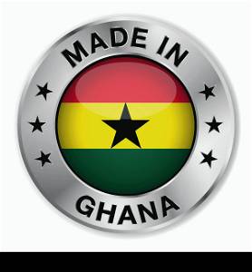 Made in Ghana silver badge and icon with central glossy Ghanaian flag symbol and stars. Vector EPS10 illustration isolated on white background.