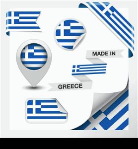 Made in Greece collection of ribbon, label, stickers, pointer, icon and page curl with Greek flag symbol on design element. Vector EPS 10 illustration isolated on white background.