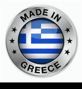 Made in Greece silver badge and icon with central glossy Greek flag symbol and stars. Vector EPS10 illustration isolated on white background.