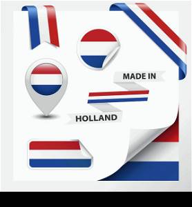 Made in Holland collection of ribbon, label, stickers, pointer, badge, icon and page curl with Netherlands flag symbol on design element. Vector EPS10 illustration isolated on white background.