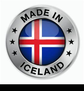 Made in Iceland silver badge and icon with central glossy Icelander flag symbol and stars. Vector EPS 10 illustration isolated on white background.