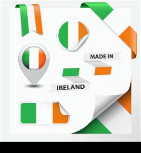 Made in Ireland collection of ribbon, label, stickers, pointer, badge, icon and page curl with Irish flag symbol on design element. Vector EPS10 illustration isolated on white background.