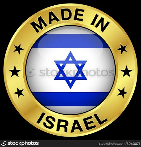 Made in Israel gold badge and icon with glossy Israeli flag symbol and stars. Vector EPS 10 illustration isolated on black background.