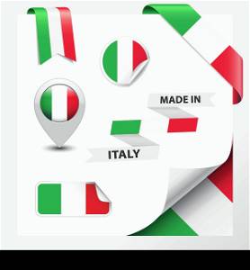Made in Italy collection of ribbon, label, stickers, pointer, badge, icon and page curl with Italian flag symbol. Vector EPS10 illustration isolated on white background.
