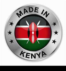 Made in Kenya silver badge and icon with central glossy Kenyan flag symbol and stars. Vector EPS 10 illustration isolated on white background.