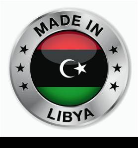Made in Libya silver badge and icon with central glossy Libyan flag symbol and stars. Vector EPS10 illustration isolated on white background.
