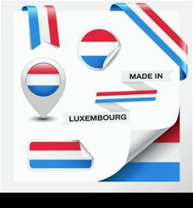Made in Luxembourg collection of ribbon, label, stickers, pointer, badge, icon and page curl with Luxembourger flag symbol on design element. Vector EPS10 illustration isolated on white background.