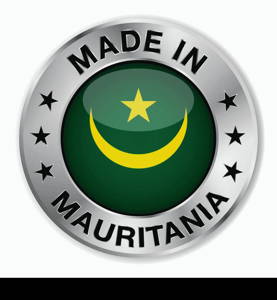 Made in Mauritania silver badge and icon with central glossy Mauritanian flag symbol and stars. Vector EPS10 illustration isolated on white background.