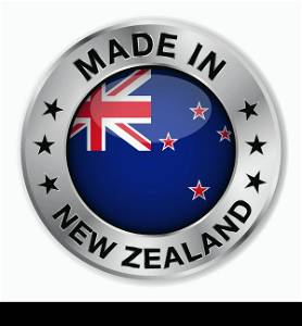 Made in New Zealand silver badge and icon with central glossy New Zealander flag symbol and stars. Vector EPS 10 illustration isolated on white background.