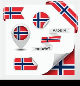 Made in Norway collection of ribbon, label, stickers, pointer, badge, icon and page curl with Norwegian flag symbol on design element. Vector EPS 10 illustration isolated on white background.