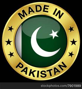 Made in Pakistan gold badge and icon with central glossy Pakistani flag symbol and stars. Vector EPS 10 illustration isolated on black background.