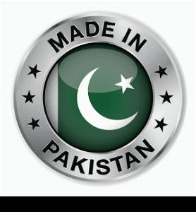 Made in Pakistan silver badge and icon with central glossy Pakistani flag symbol and stars. Vector EPS10 illustration isolated on white background.