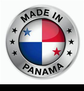 Made in Panama silver badge and icon with central glossy Panamanian flag symbol and stars. Vector EPS10 illustration isolated on white background.