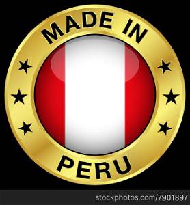 Made in Peru gold badge and icon with central glossy Peruvian flag symbol and stars. Vector EPS 10 illustration isolated on black background.