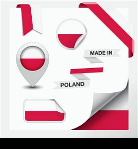 Made in Poland collection of ribbon, label, stickers, pointer, badge, icon and page curl with Polish flag symbol on design element. Vector EPS 10 illustration isolated on white background.