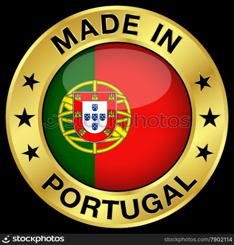 Made in Portugal gold badge and icon with central glossy Portuguese flag symbol and stars. Vector EPS 10 illustration isolated on black background.