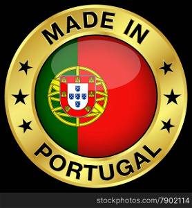 Made in Portugal gold badge and icon with central glossy Portuguese flag symbol and stars. Vector EPS 10 illustration isolated on black background.