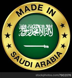 Made in Saudi Arabia gold badge and icon with central glossy Saudi Arabian flag symbol and stars. Vector EPS 10 illustration isolated on black background.