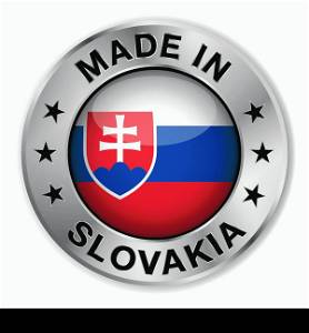 Made in Slovakia silver badge and icon with central glossy Slovak flag symbol and stars. Vector EPS10 illustration isolated on white background.