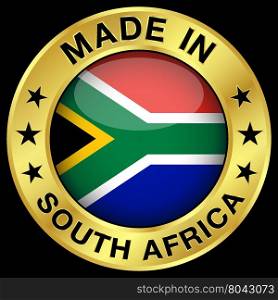 Made in South Africa gold badge and icon with glossy South African flag symbol and stars. Vector EPS 10 illustration isolated on black background.