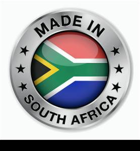 Made in South Africa silver badge and icon with central glossy South African flag symbol and stars. Vector EPS10 illustration isolated on white background.