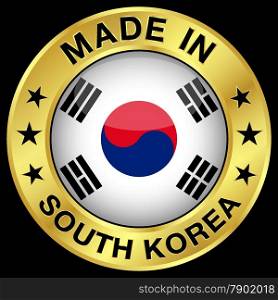 Made in South Korea gold badge and icon with central glossy South Korean flag symbol and stars. Vector EPS 10 illustration isolated on black background.