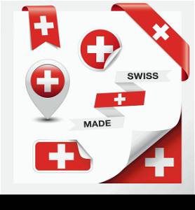 Made in Switzerland collection of ribbon, label, stickers, pointer, badge, icon and page curl with Swiss flag symbol on design element. Vector EPS10 illustration isolated on white background.