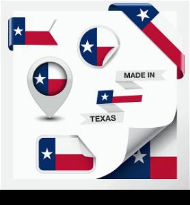 Made in Texas collection of ribbon, label, stickers, pointer, badge, icon and page curl with Texan flag symbol on design element. Vector EPS 10 illustration isolated on white background.
