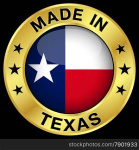 Made in Texas gold badge and icon with central glossy Texan flag symbol and stars. Vector EPS 10 illustration isolated on black background.