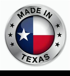 Made in Texas silver badge and icon with central glossy Texan flag symbol and stars. Vector EPS10 illustration isolated on white background.